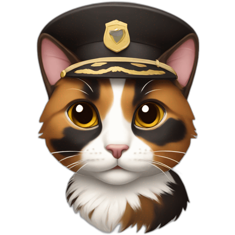 calico cat with dark brown fur wearing a pilot hat emoji