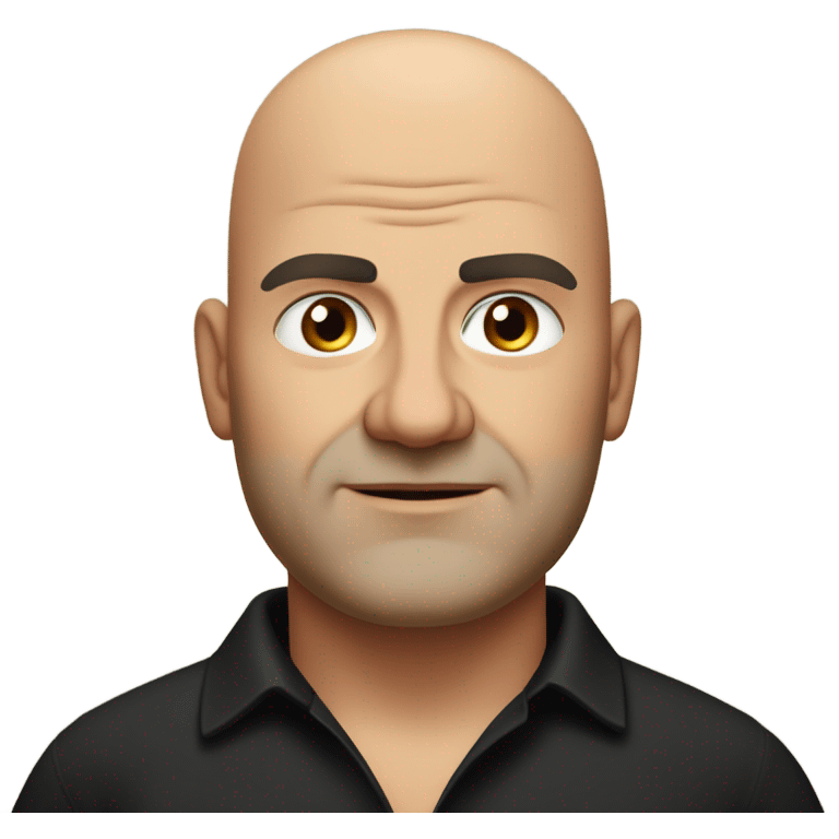 A slightly overweight middle-aged Italian man with olive-toned skin with bald hair and no facial hair. He is wearing a sleek black smart shirt, casually unbuttoned at the top. emoji