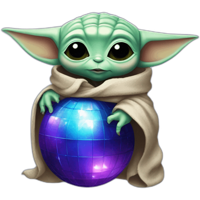 Baby yoda hugging a blue and purple disco ball emoji