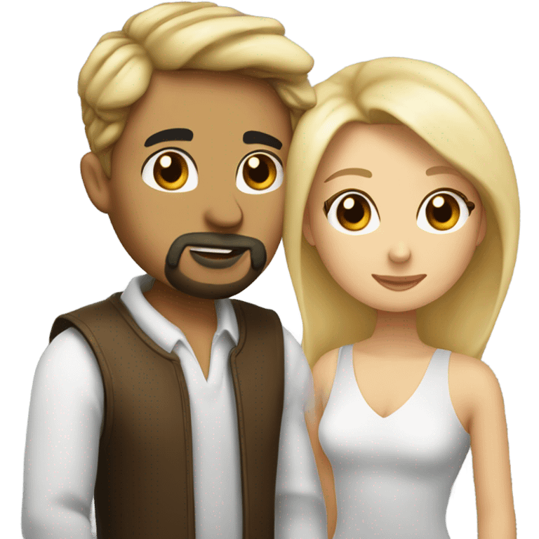 kiss-kiss with a girl who has hair highlights of blonde and brown and she’s white and a guy with a goatee and black hair also white emoji