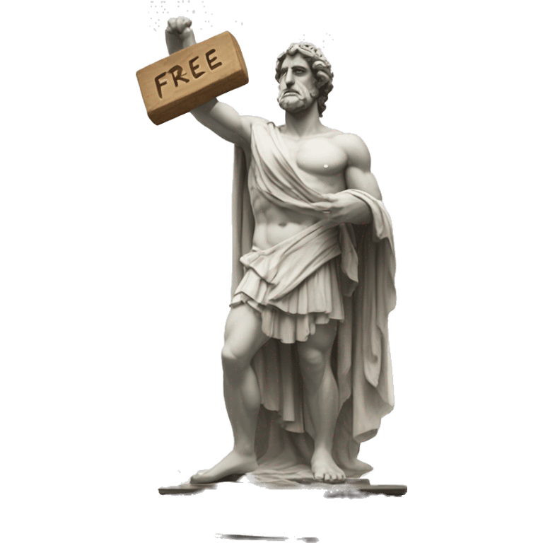 Greek god statue holding a board saying free emoji