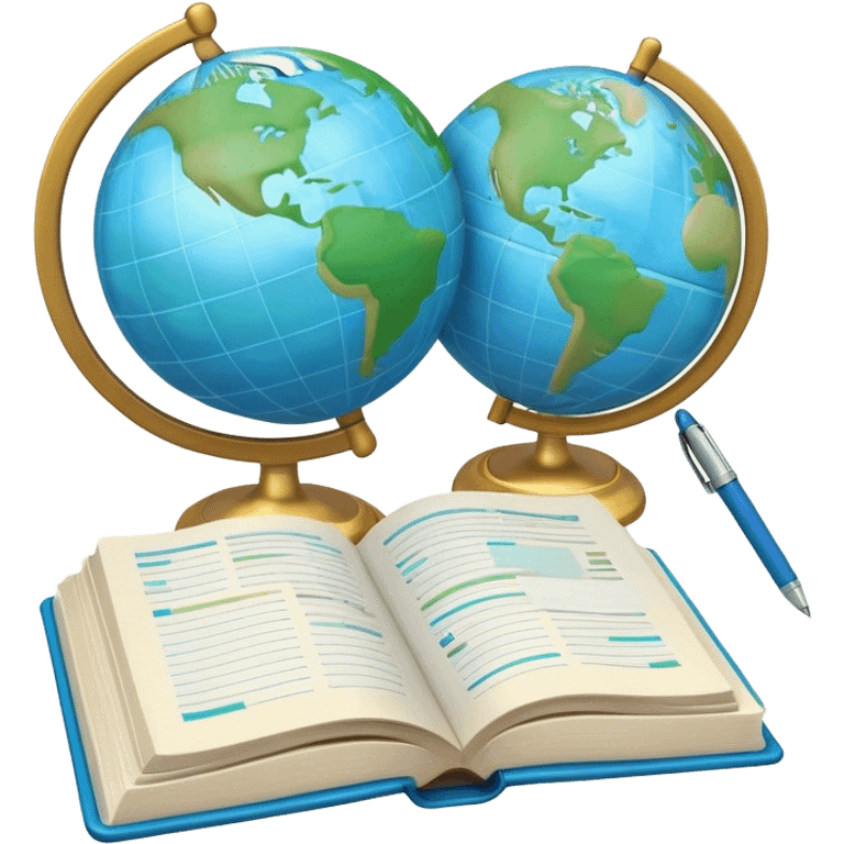 Create an emoji representing language translation. The design should feature just one globe in the background, symbolizing international communication. In front of the globe, place two opened books with texts on them and a pen nearby to indicate the act of writing. Use a clean and professional color palette with blues, greens, and neutral tones. Make the background transparent. emoji