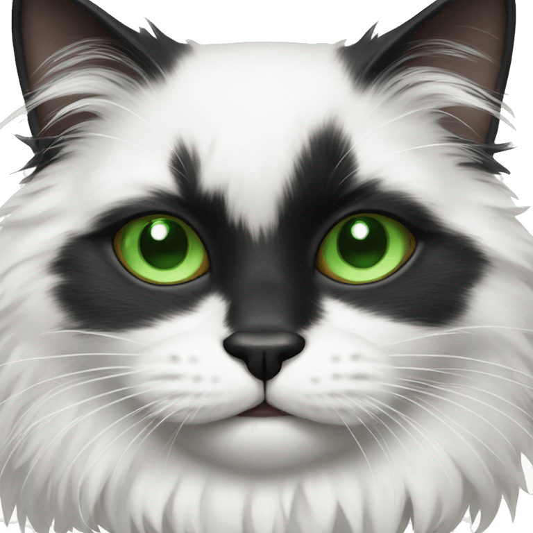 Fluffy black and white cat with green eye emoji