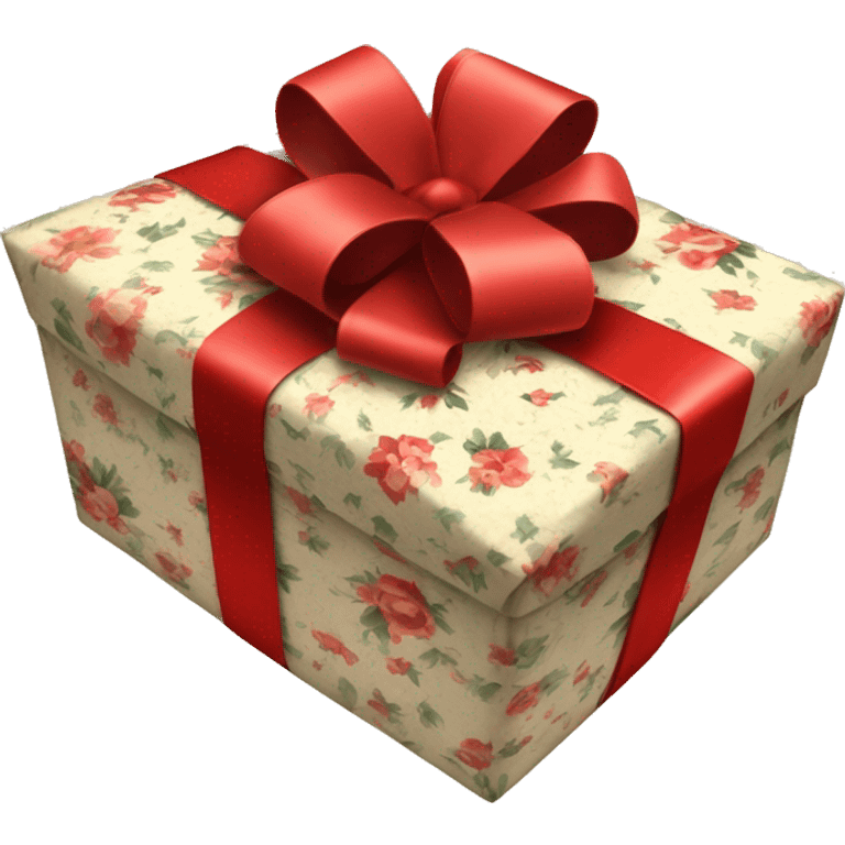  gift wrapped in vintage floral paper, topped with a thin red ribbon bow. emoji