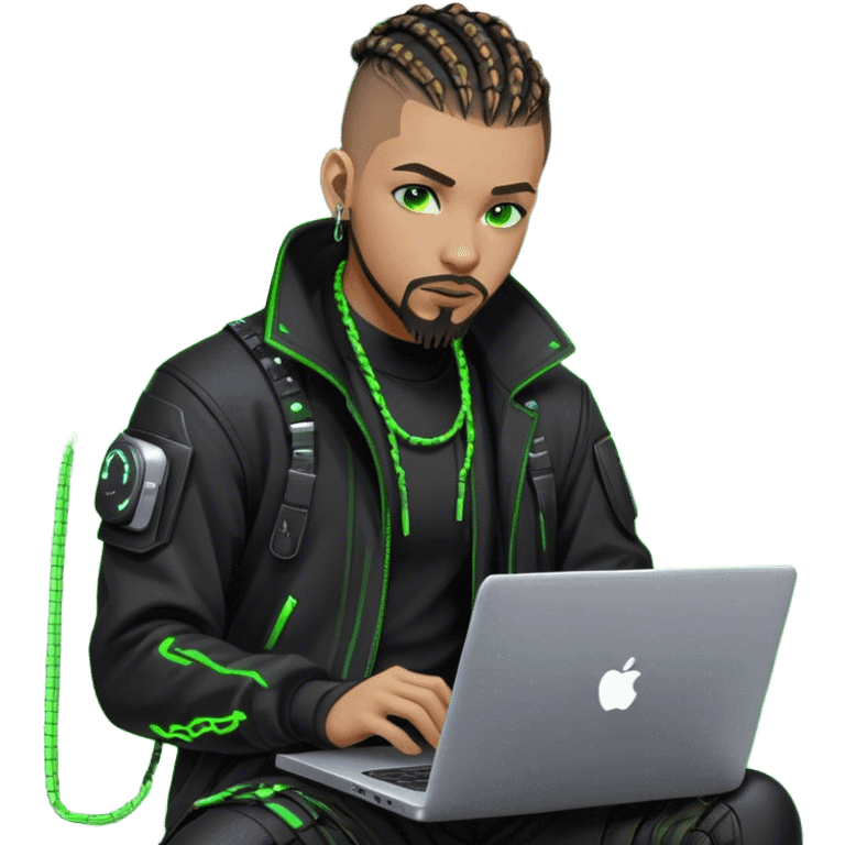 Light skinned African American male with green eyes as a cyberpunk hacker with cornrows hairstyle but short cornrows  with just goatee facial hair and no beard hacking/coding on laptop  emoji