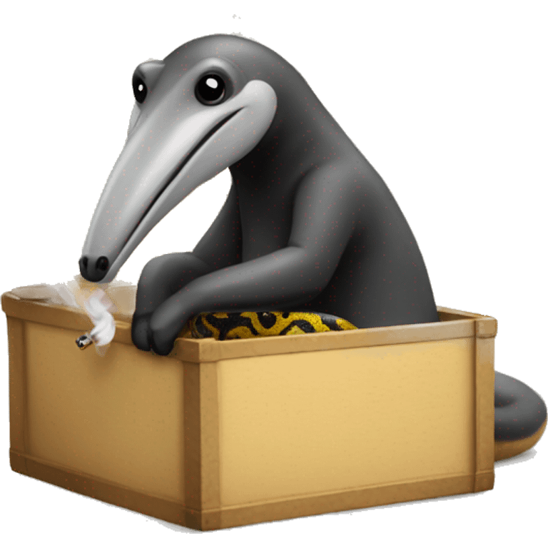 anteater in a box box, smoking a pipe with a python format emoji