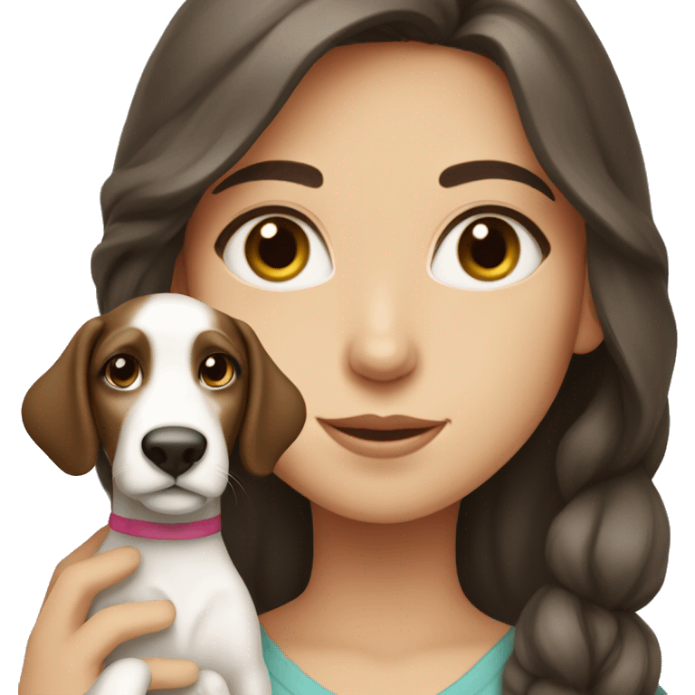 brunette girl with gray eyes holding a borzoi puppy in her arms emoji