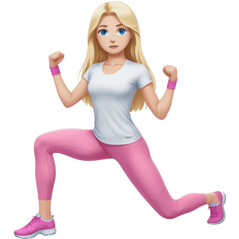 A cinematically realistic blonde with long hair and blue eyes, dressed in a white top and pink leggings, does a sports exercise called lunges emoji