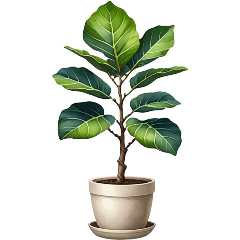 An elegant fiddle-leaf fig tree in a modern minimalist pot, painted in watercolor with realistic shadows and highlights. emoji