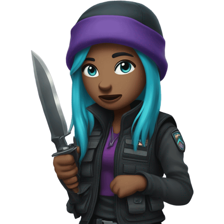 Girl, tactical vest, dark pants, long teal and purple hair, blue eyes, purple beanie hat, knife, black combat boots emoji