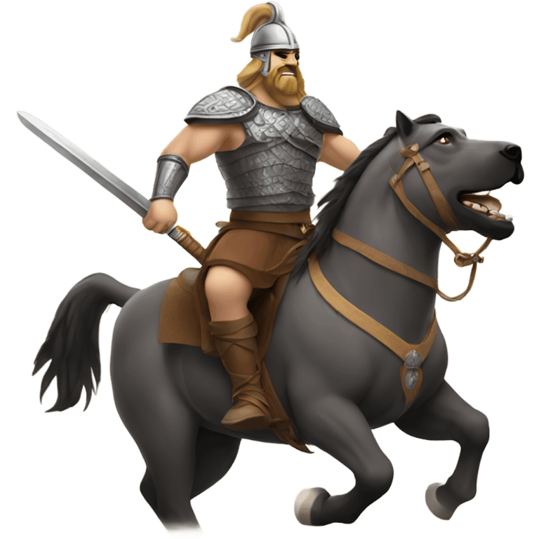 English mastiff riding a horse with a Viking sword emoji