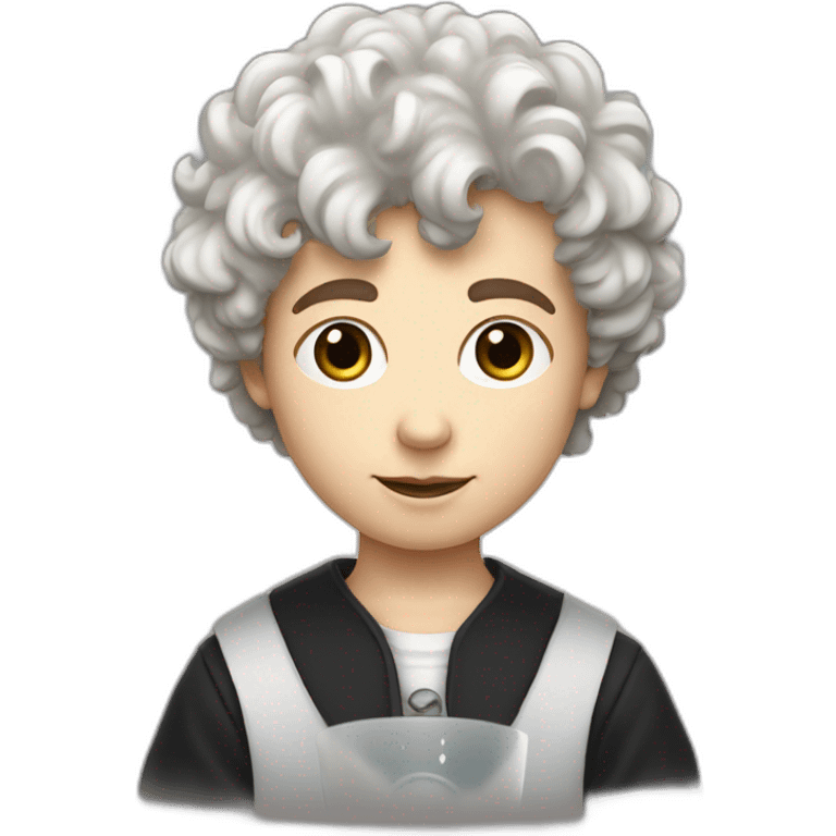 A portrait from the shoulders up of pasty white teenage boy with dark black curly hair holding a chalice of milk emoji