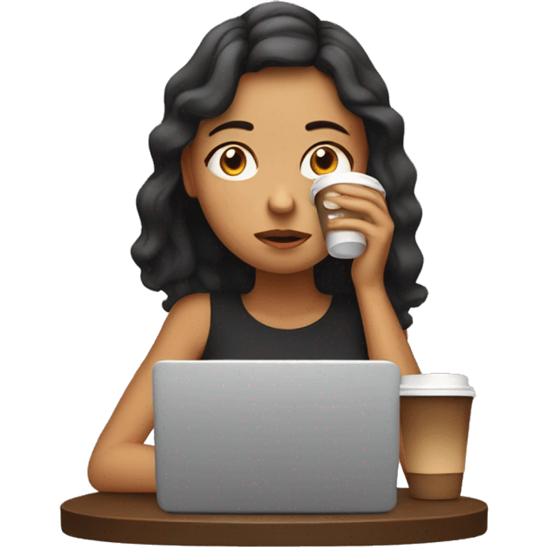 tired girl with laptop drinking a lot of coffee emoji