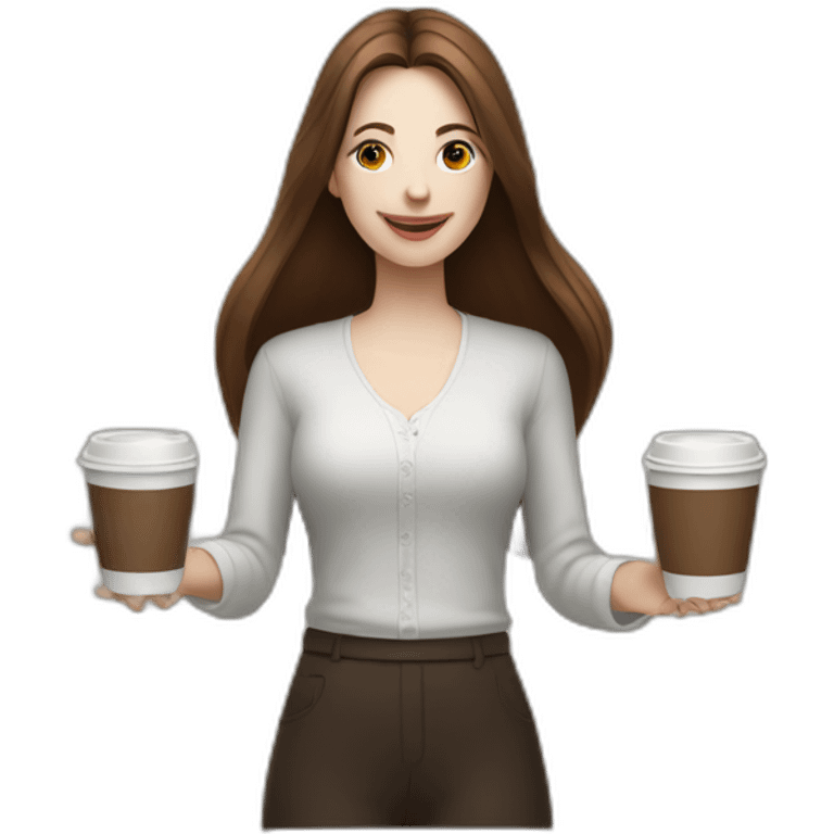 woman juggler with long straight brown hair and pale skin juggling coffee cups and miniature laptops emoji