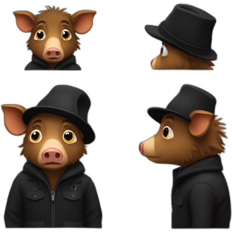 Bored brown boar in a black winter hat and black jacket emoji