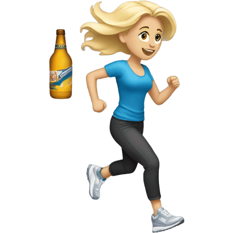 blonde girl running with sneakers on holding a bottle of alcohol  emoji