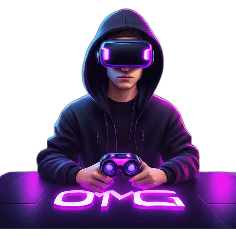 Russian young man wearing a black hoodie with "OMG" letters on it and VR headset in a cyberpunk VR environment with violet neon lighting. emoji