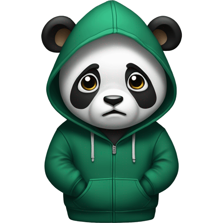 Panda in a dark green hoodie staring with an expression of being disgusted emoji