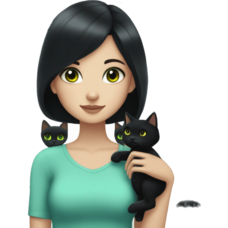 Girl with black hair and blue eyes holding a black cat with green eyes  emoji