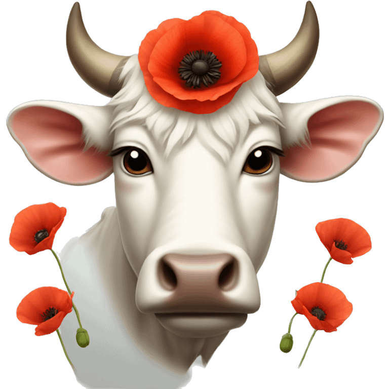 Realistic White ox with poppies on horns emoji