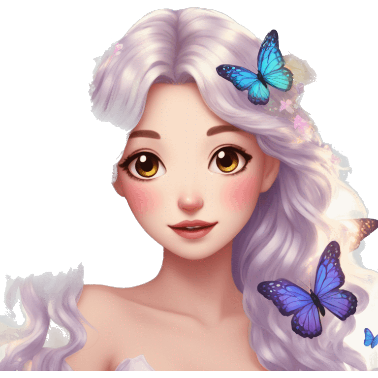 gorgeous shiny anime lady with butterflies and beautiful hair fairycore cottagecore emoji