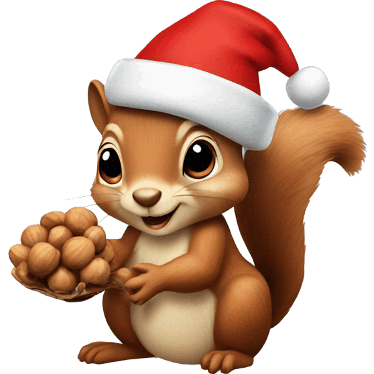 squirrel holding some walnuts and wearing a christmas hat emoji