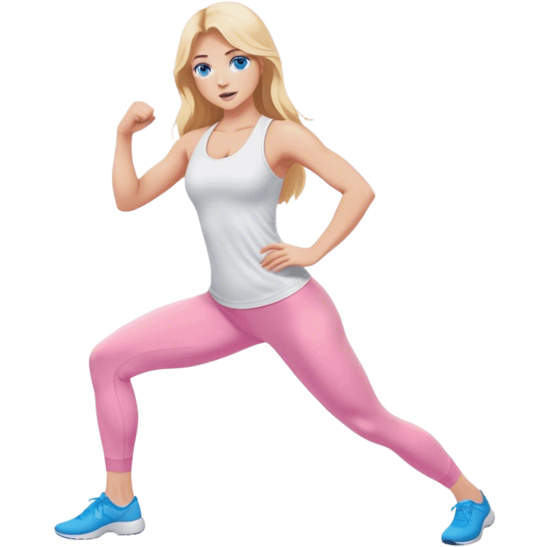 A cinematically realistic blonde with long hair and blue eyes, dressed in a white top and pink leggings, does a sports exercise called lunges emoji