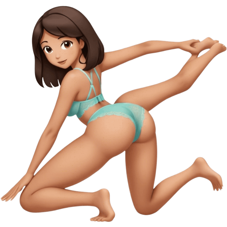 brunette intimate sfw cute lingerie pose bending arched curved IN back on hands and knees face down from behind emoji