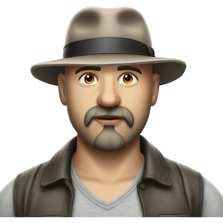 Photorealism A plump bald man of Slavic appearance with a goatee beard and mustache, wearing a fedora hat, big details emoji