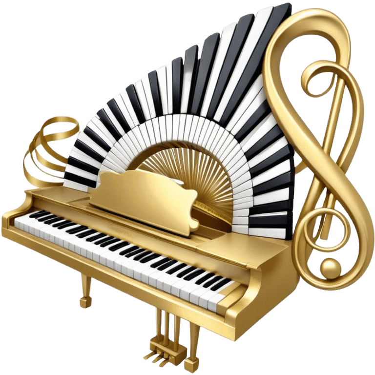 Create an elegant and festive emoji collage representing keyboard instruments, styled like a heraldic emblem. The design should feature a central focal point of black and white piano keys, arranged in a semi-circular or shield-like shape. Around the piano keys, add intertwining musical notes that form flowing ribbons, creating a dynamic and celebratory atmosphere. The design should be professional, with polished silver and gold accents on the keys and notes, highlighting the luxury and sophistication of the instruments. Add subtle shading and lighting effects to give the design a refined, 3D appearance. The background should remain transparent, and the overall feel should evoke grandeur, artistry, and a sense of celebration. emoji