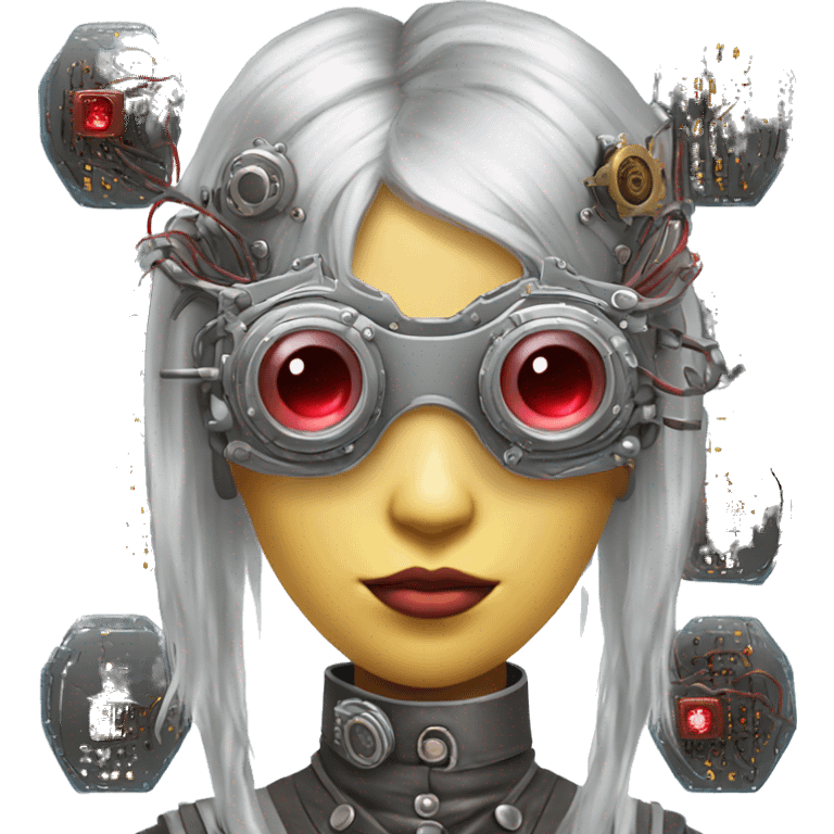 Silver long hair female cyborg head with red steampunk goggles and circuits emoji