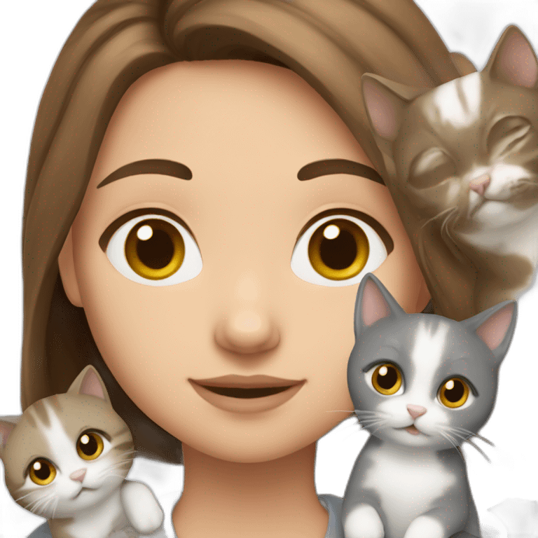 girl with brown hair with 2 cats gray and white emoji