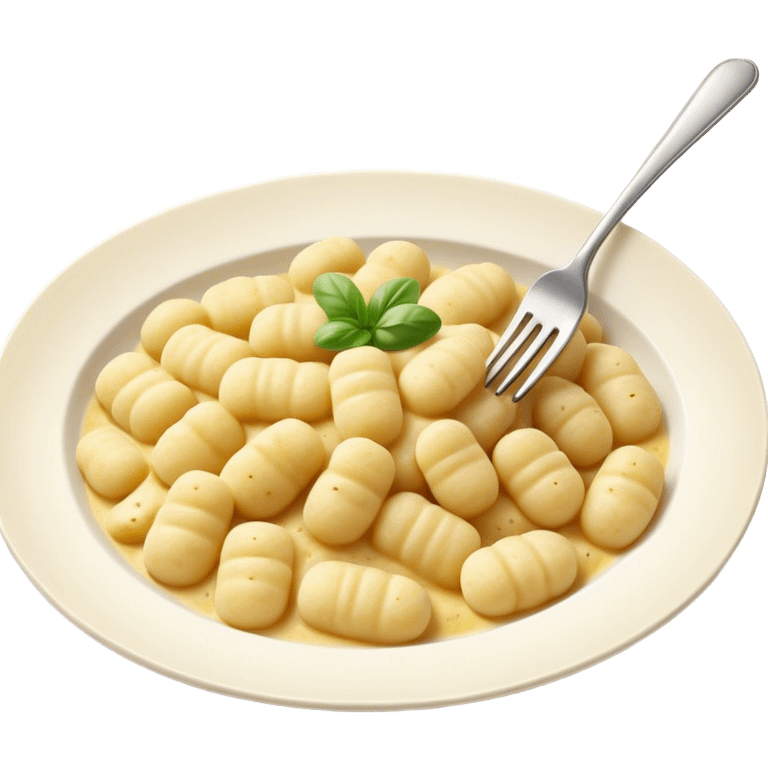 Gnocchi Cinematic Realistic Gnocchi Dish Emoji, depicted as tender oblong potato gnocchi garnished with iconic fork marks on top, rendered with soft textures and warm, inviting lighting. emoji