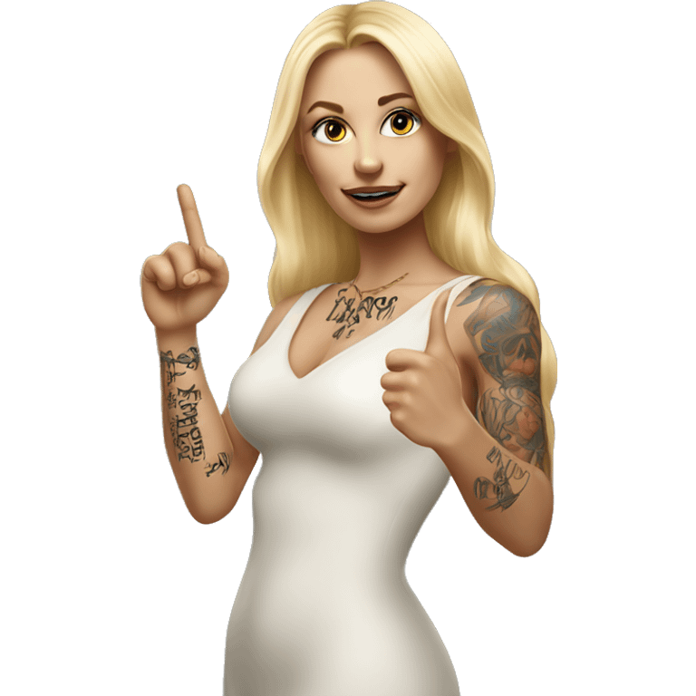 Blonde elegant women with LONG HAIR, her Body Covered with Tattoos, POINTING YOU FORWARD with her HAND with INDEX FINGER, Hyper Realistic emoji