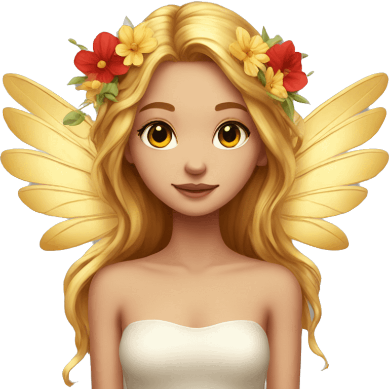 big wings, flower, Beautiful, fairy, gold,red, long hair emoji