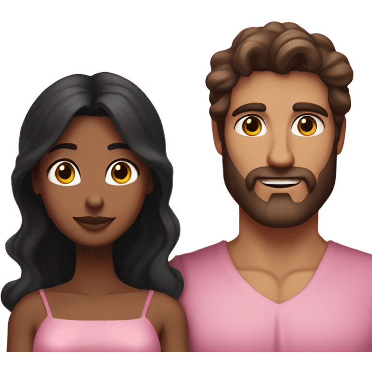 A handsome pale Greek god man who has long brown hair and tanned skin with a pretty black woman who has long black hair and she is wearing a pink dress and they are a couple emoji