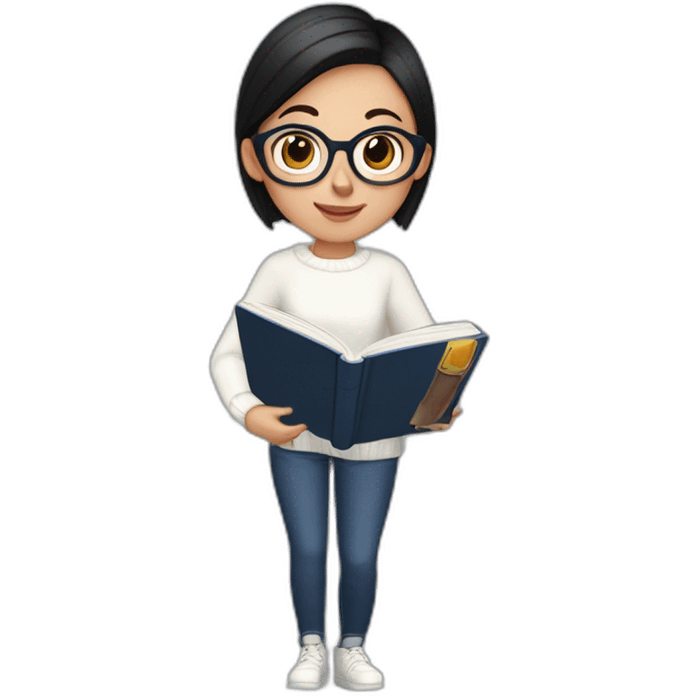 dark haired girl with a pony tail, wearing a white sweater with a new year ornament, in dark blue jeans. She is holding a book of English grammar in her hands. The girl is in glasses.  emoji