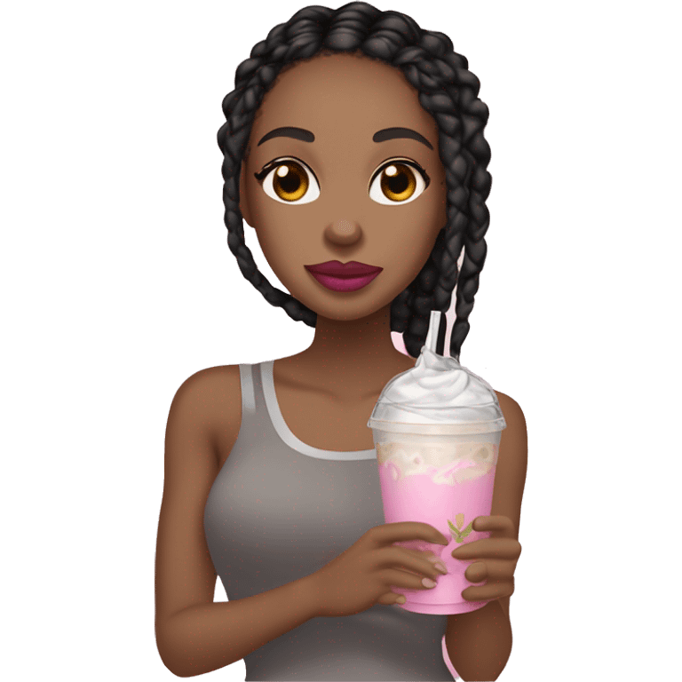 A light skin African American girl with black medium knotless braids and pink lips sipping an iced coffee  emoji