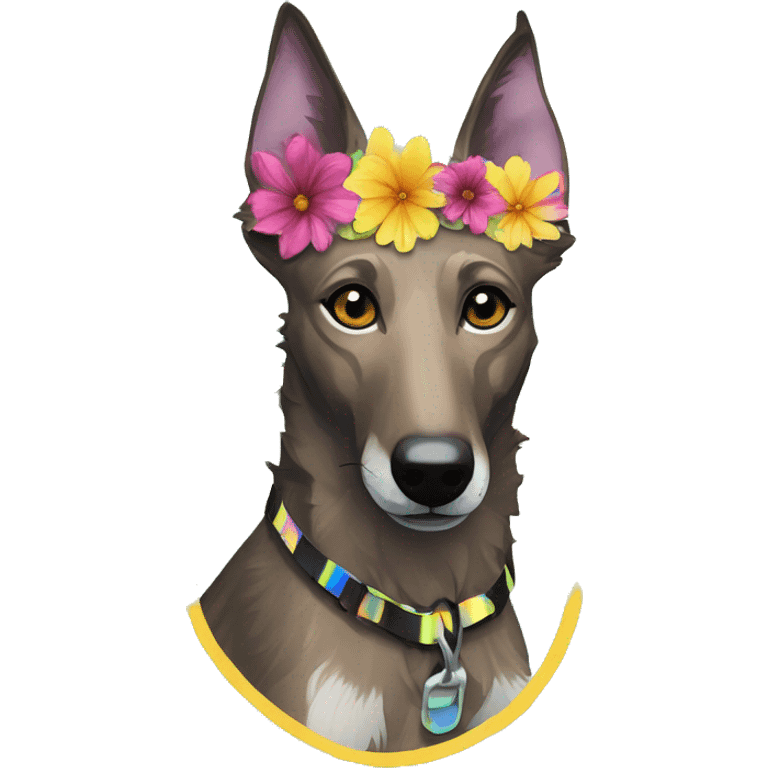  brindle brown black maroon striped lurcher Alsatian fox running blue eyes and iridescent holographic oilslick harness wearing paper iridescent tropical flower crown yellow caution tape emoji