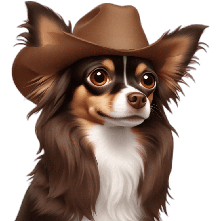 Chocolate long haired chihuahua wearing flat brim hat emoji