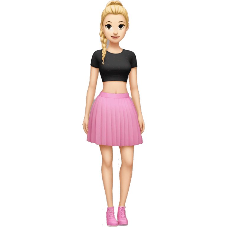 White girl, high heels, black pleated miniskirt, pink croptop, pink ponytail emoji