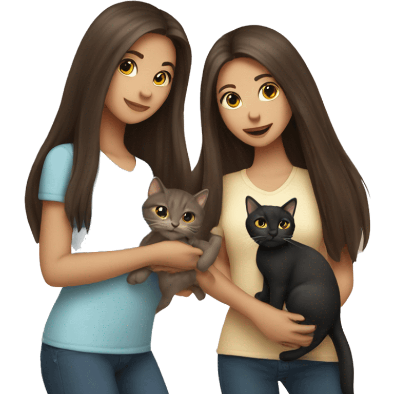 Two long hair brunette girls and two cats in their hands emoji