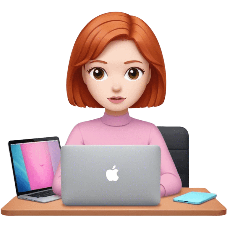 Bob hair Redhead sat at desk with pink MacBook  emoji