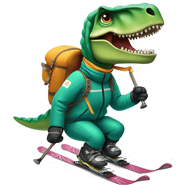 Tyrannosaurus rex downhill skiing wearing a jacket holding poles emoji