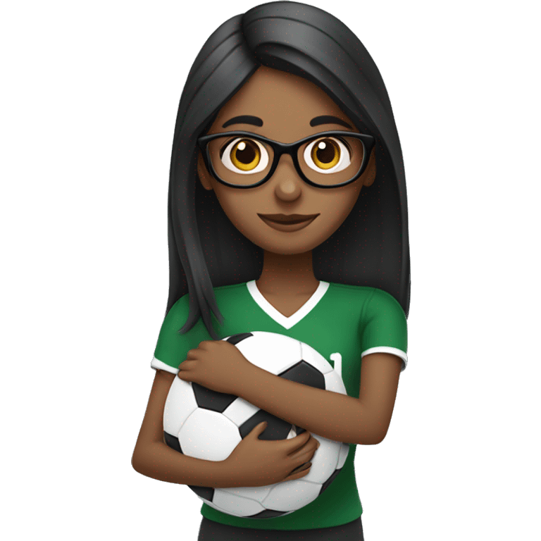 A Tamil girl with straight hair and black glasses hugging a football emoji