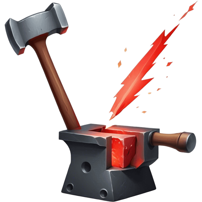 Blacksmithing icon, piece of metal being hammered on an anvil, blacksmith's hammer, sparks flying, glowing red metal, forge in the background, minimalistic style, clean lines, transparent background. emoji