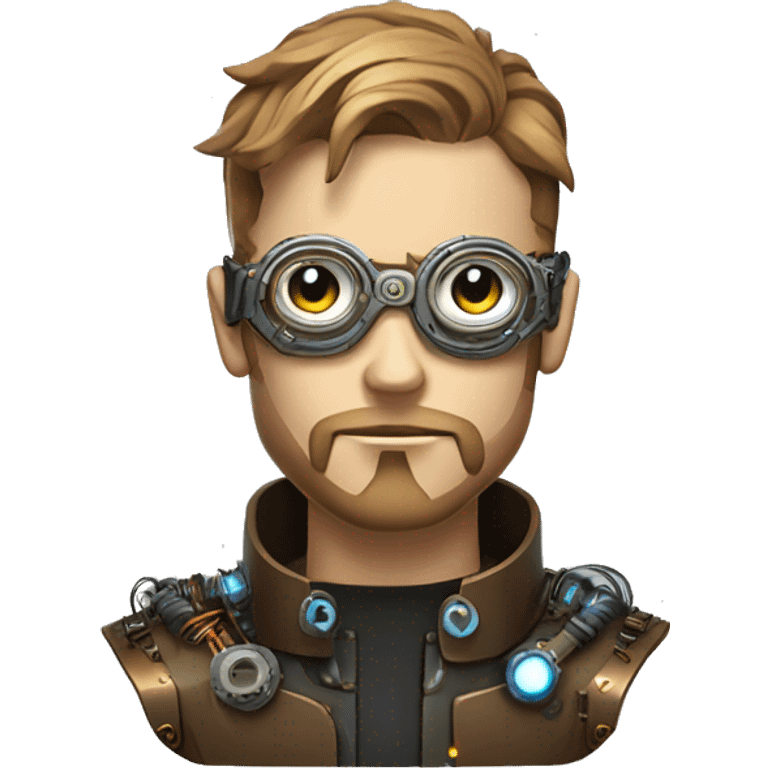 Male cyborg head with light brown hair, light brown beard, steampunk glasses, circuits, wires  emoji