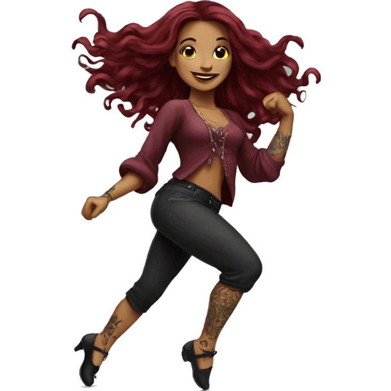 Beautiful tattooed burgundy long haired woman dancing emoji