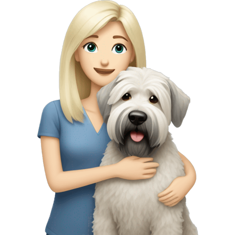 pretty woman blonde hair blue eyes hugging a white and gray soft coated wheaten terrier dog with bangs emoji