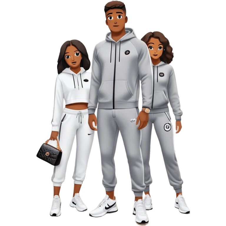 Man living his dream standing in the master bedroom of a mansion. He’s boo’d up with a pretty Brownskin big booty woman wearing a Chanel outfit and Bvlgari watch with her holding a Chanel bag. The man has on a Nike Tech Fleece sweatsuit. The man isn’t holding a bag emoji